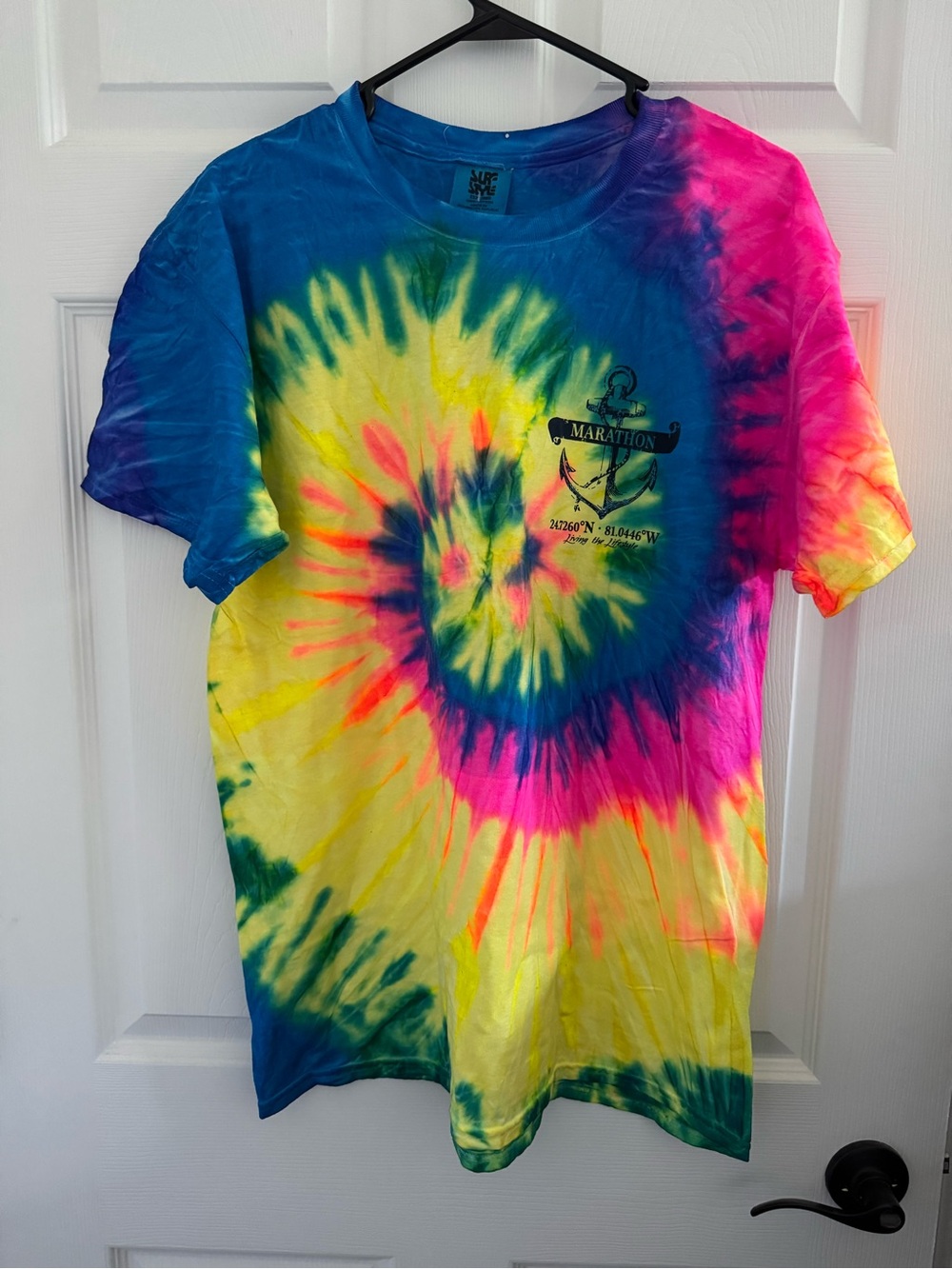 Tie-Dye Spiral T-Shirt with Marathon Logo - Neon Yellow, Pink, Blue